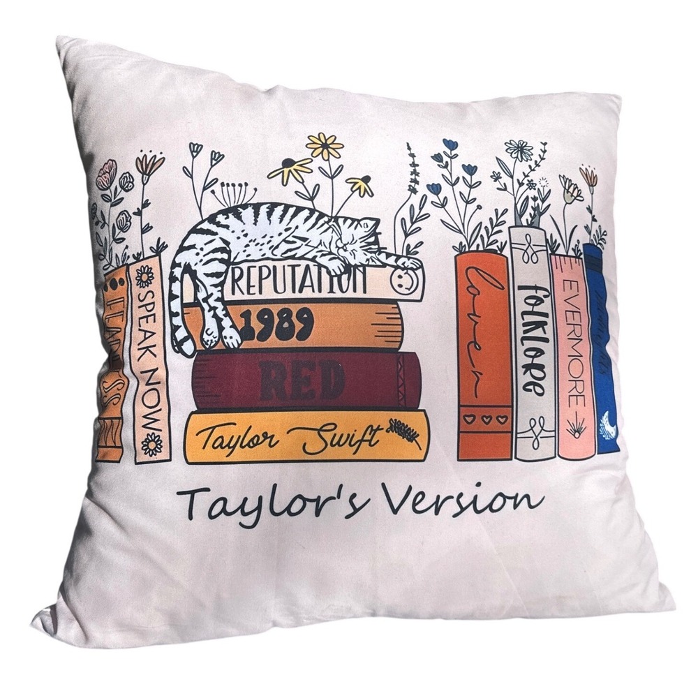 Taylor Swift Eras Cat Book Stack Throw Pillow Taylors Version Decor 15x15